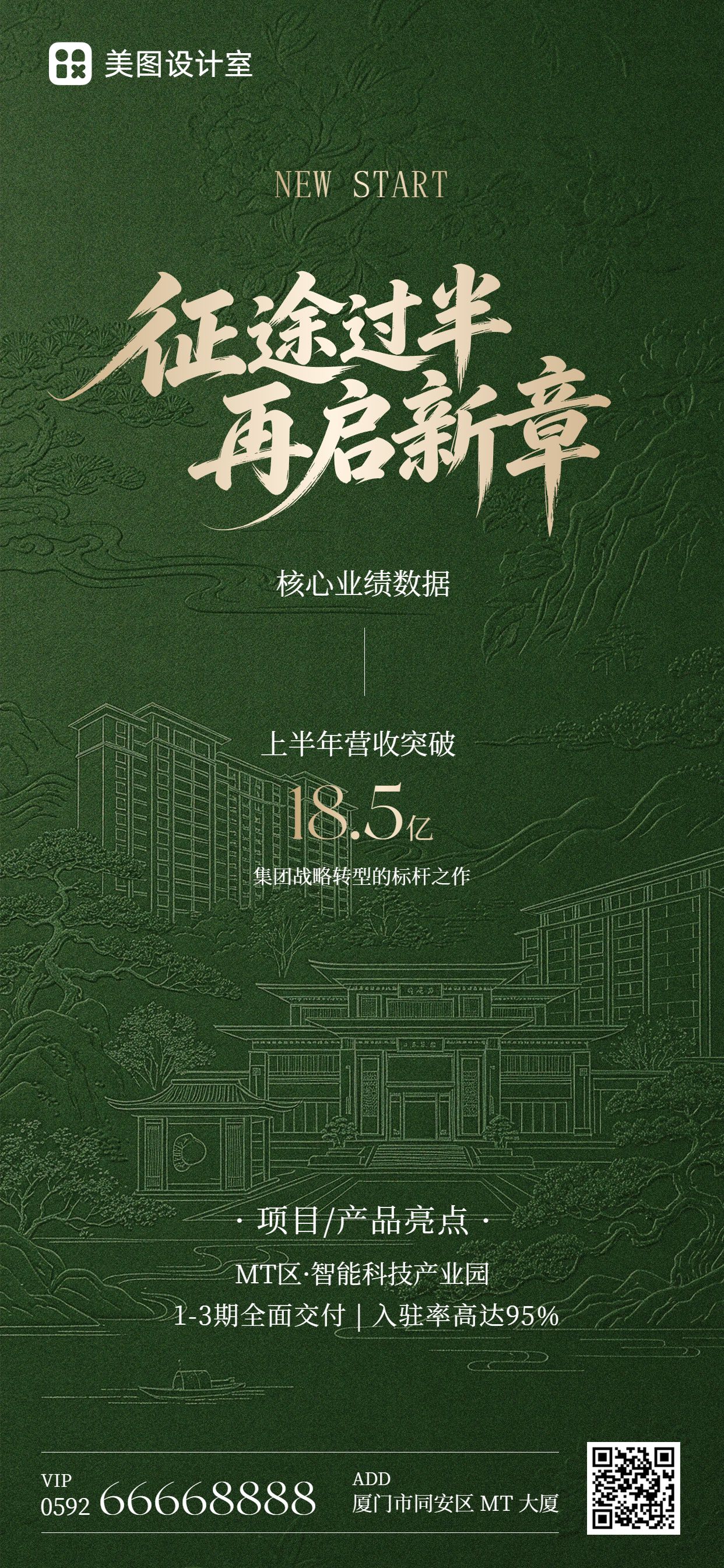 商务风绿色通用类年中总结公司业绩展示手机全屏海报