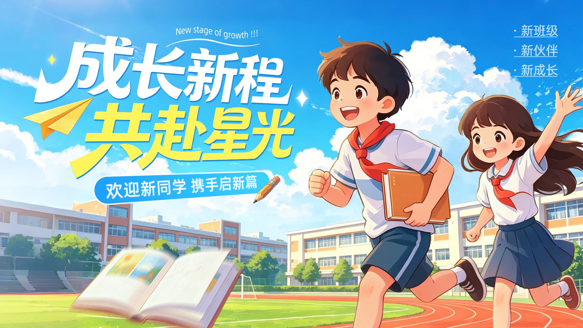 卡通3D风蓝色开学季班会家长会欢迎新同学横版投屏海报