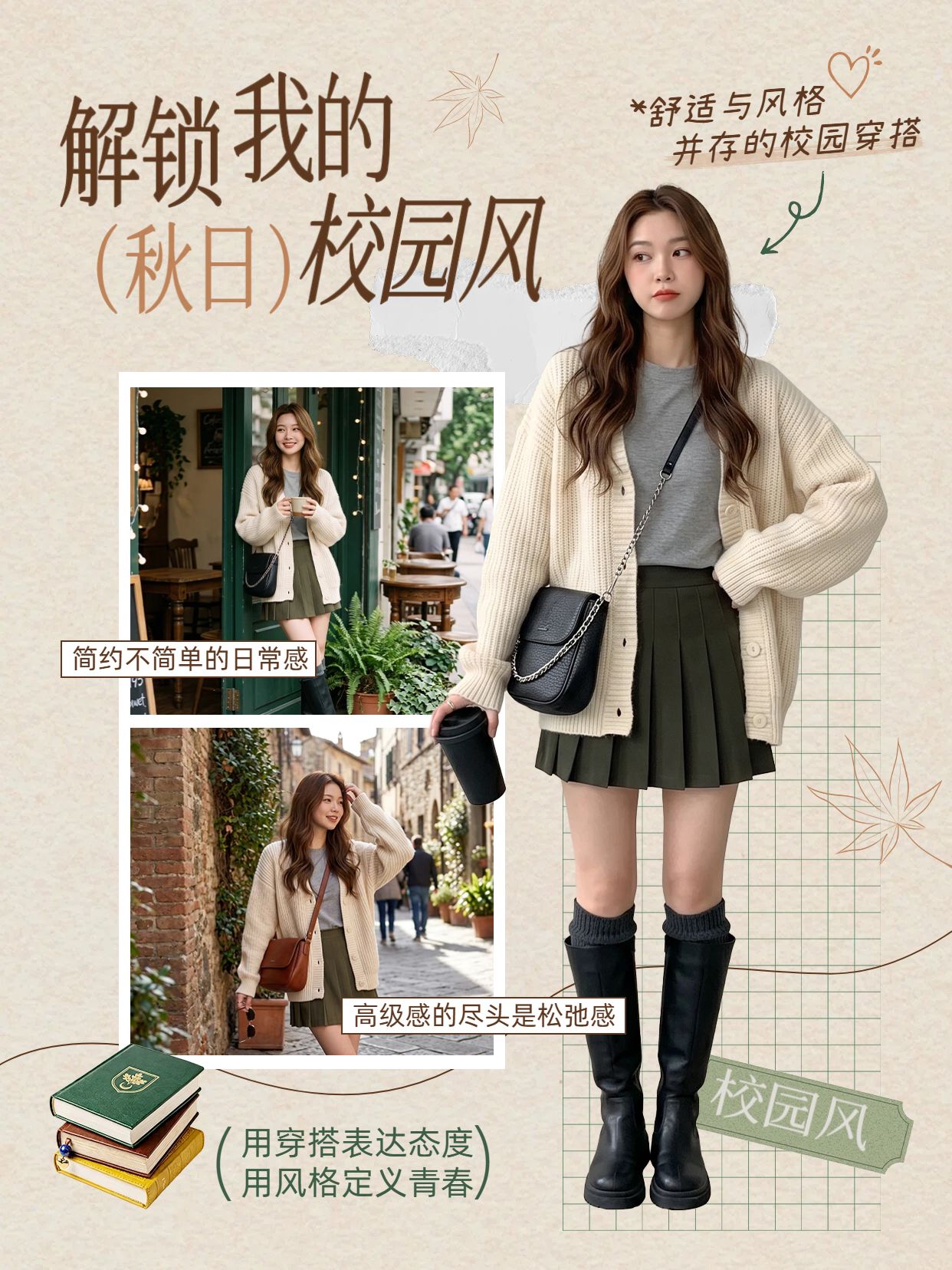 时尚风黄棕色鞋服箱包类开学季穿搭分享小红书封面
