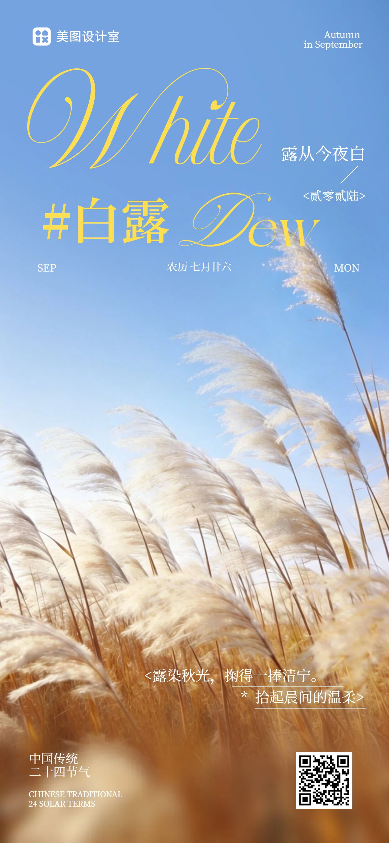 实景风蓝色黄色通用类白露祝福问候手机全屏海报