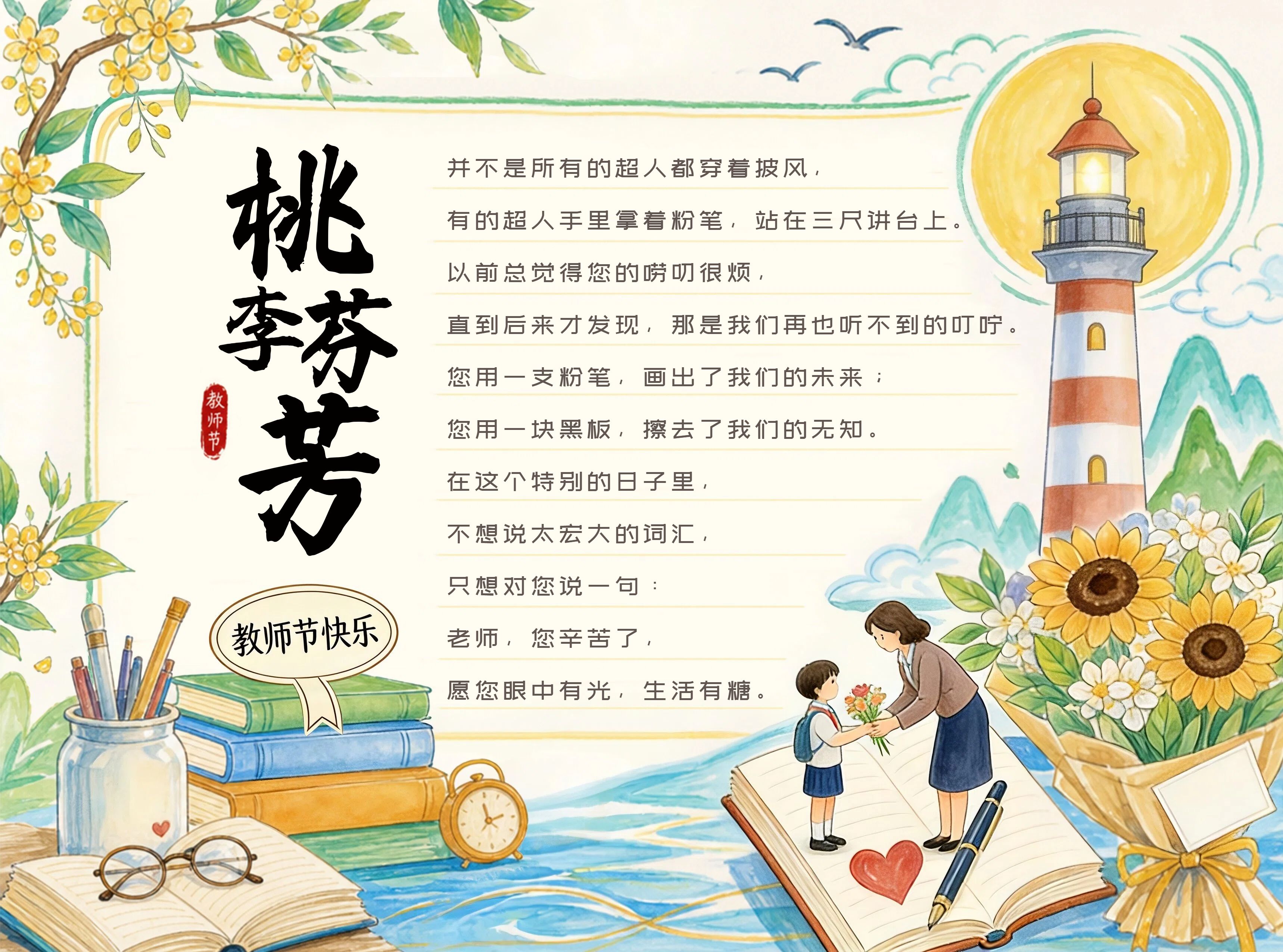 卡通插画风黄色学生素材教师节通用类手抄报