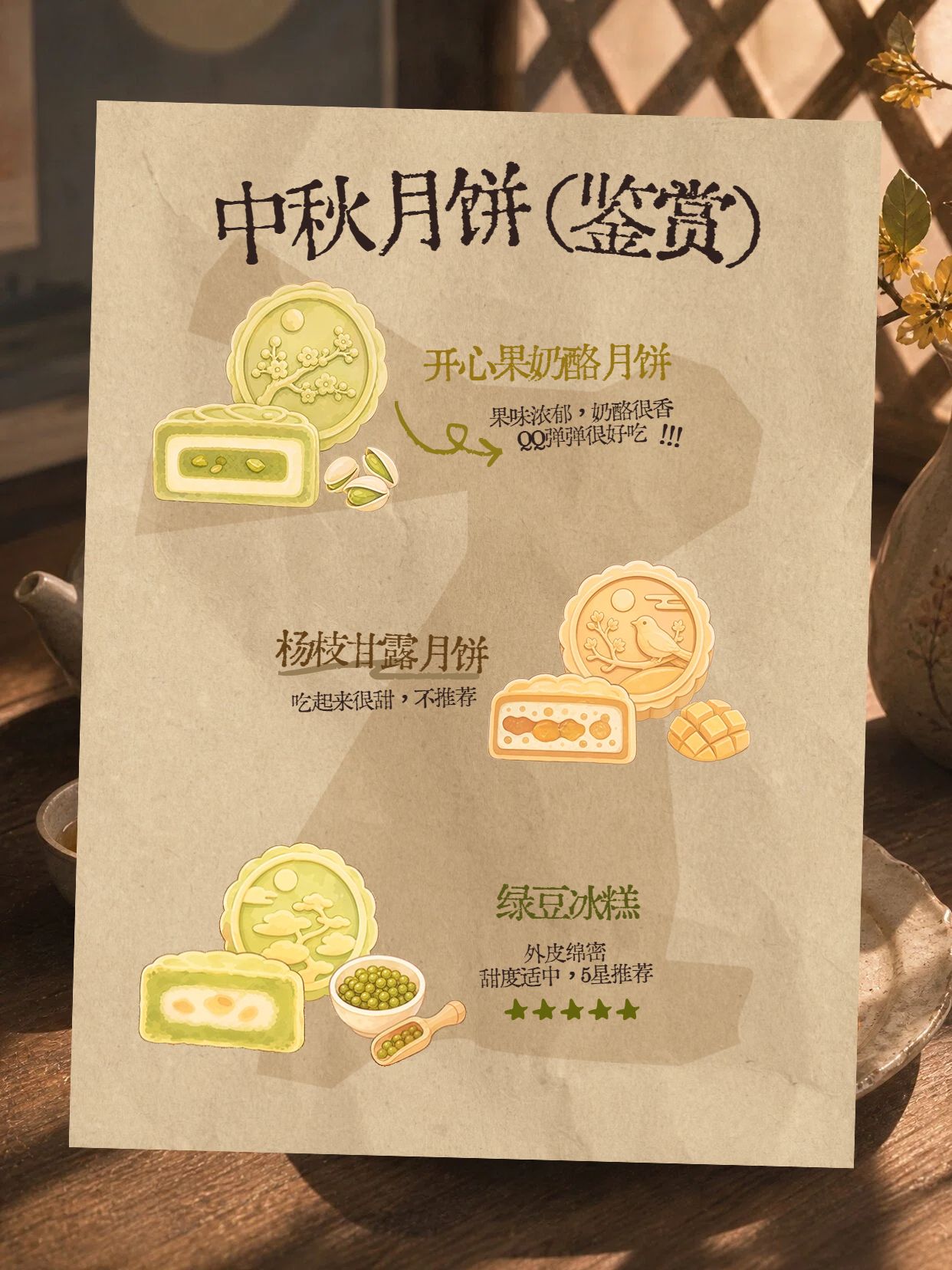 拼贴风黄色通用类交流分享中秋节月饼口味测评小红书封面