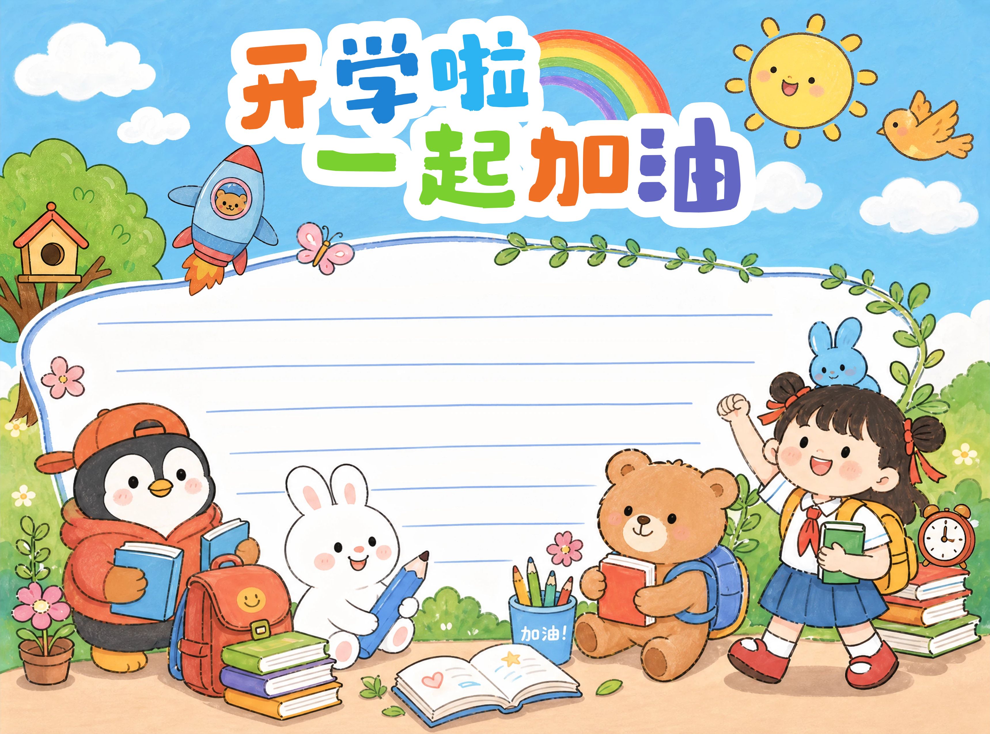 卡通插画风蓝色黄色通用类学生素材开学季手抄报