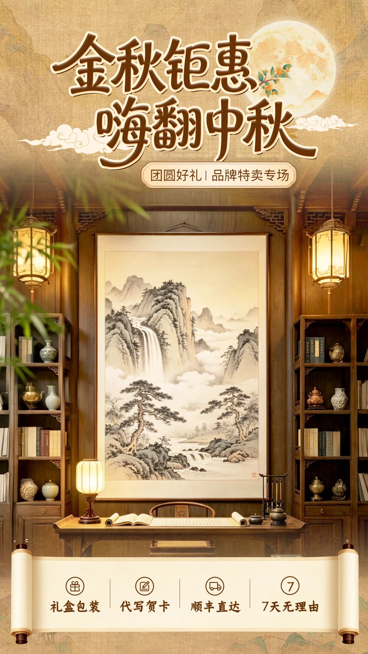 插画风黄棕色通用类营销带货中秋节直播间背景