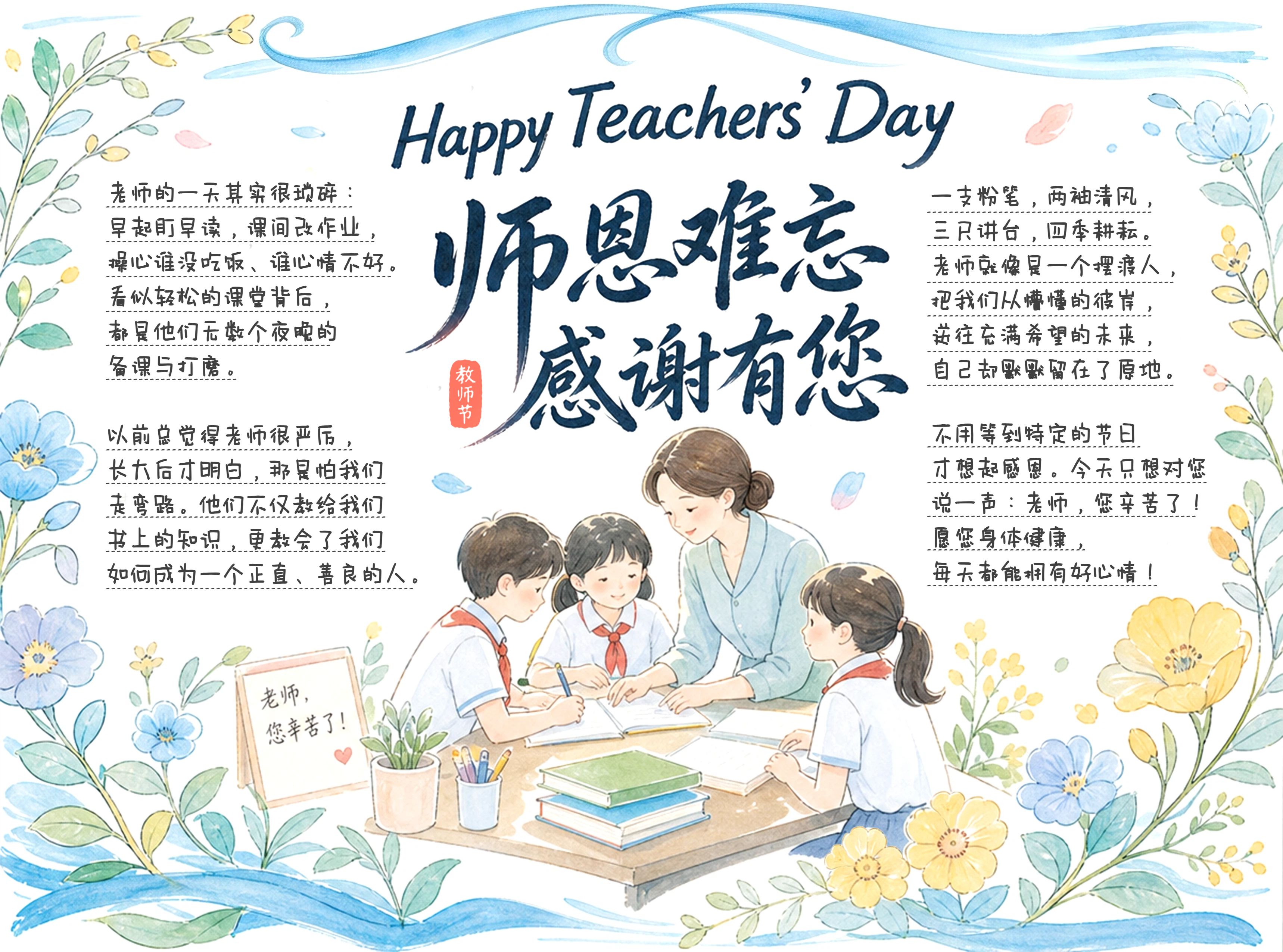 卡通风蓝色学生素材教师节通用类手抄报