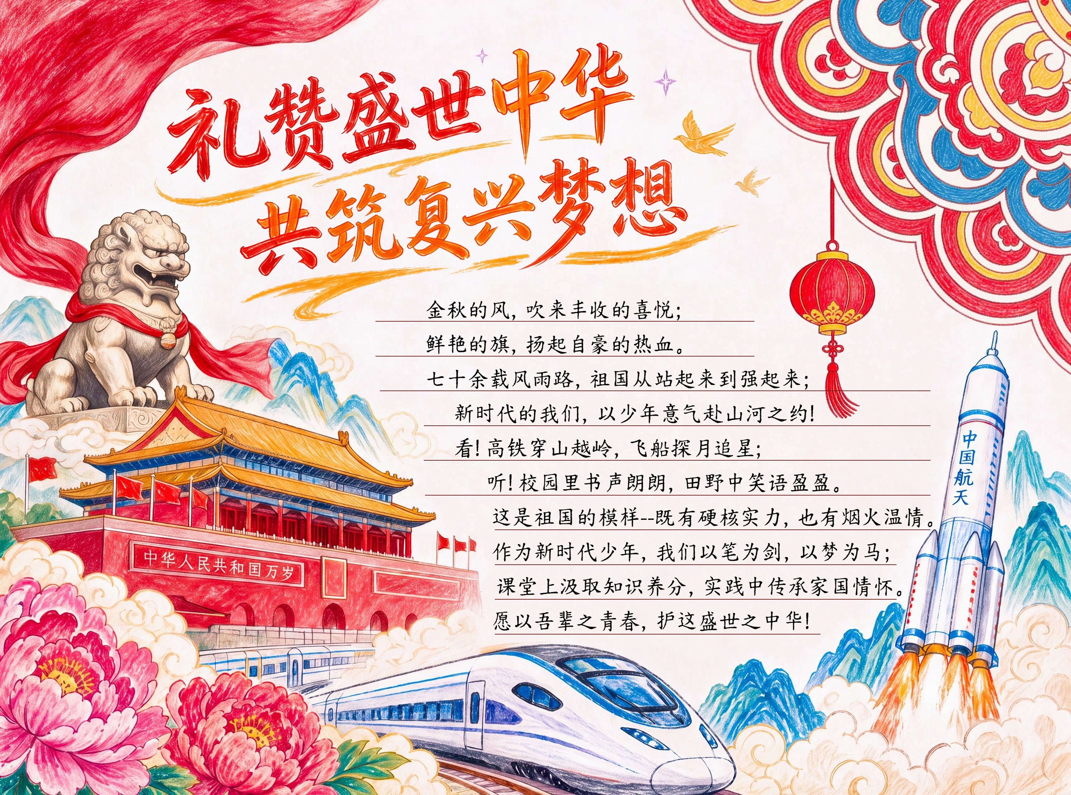 手绘风红色学生素材国庆节通用类手抄报