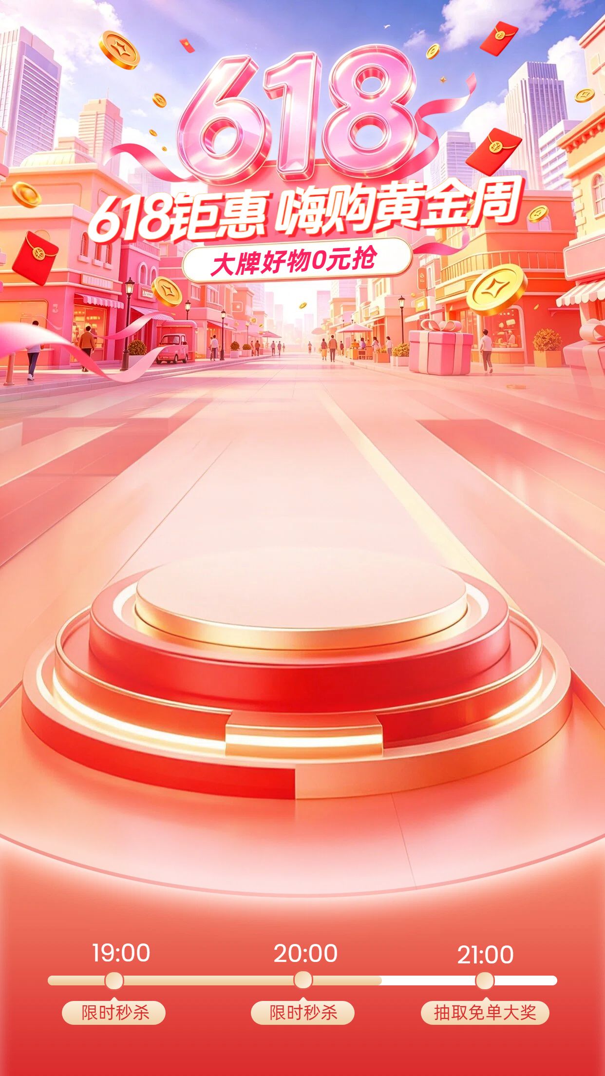 3D时尚风红色通用类营销带货618直播间背景